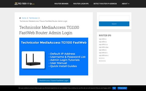 Technicolor MediaAccess TG1100 FastWeb Router Admin Login