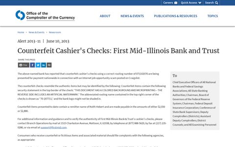 Counterfeit Cashier's Checks: First Mid-Illinois Bank and Trust ...