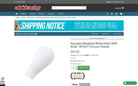 Karcepts Weighted White Delrin Shift Knob | KSK-WD-10X1.5