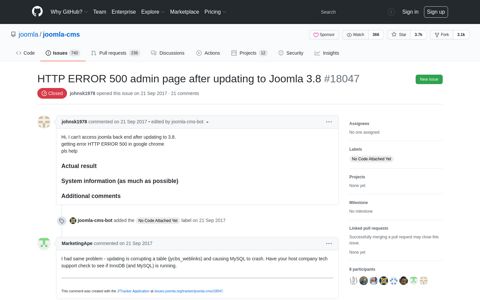 HTTP ERROR 500 admin page after updating to Joomla 3.8 ...
