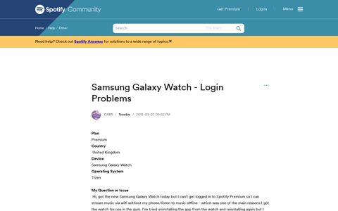 Samsung Galaxy Watch - Login Problems - The Spotify ...