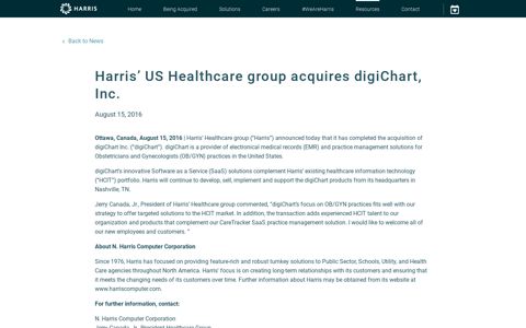 Harris' US Healthcare group acquires digiChart, Inc.