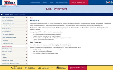 Loan – Prepayment | Customer Service HDFC Credila