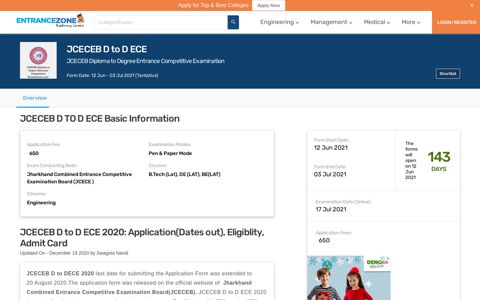 JCECEB D to D ECE 2020: Application(Dates out), Eligiblity ...