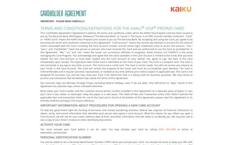 Cardholder Agreement - Kaiku Visa® Prepaid Card