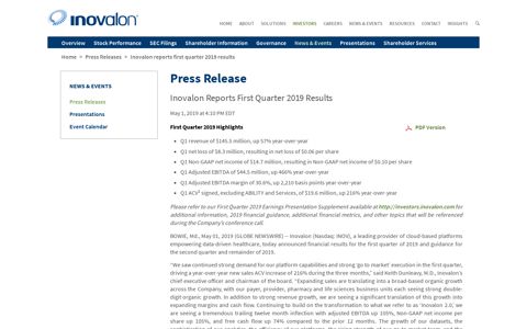 Inovalon Reports First Quarter 2019 Results | Inovalon