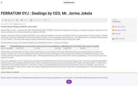 FERRATUM OYJ : Dealings by CEO, Mr. Jorma Jokela ...
