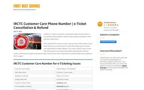 IRCTC Customer Care Phone Number | e-Ticket Cancellation ...