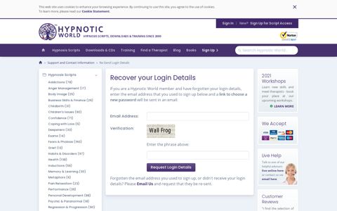 Re-Send Login Details | Support | Hypnotic World