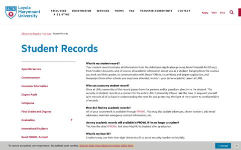 Student Records - Loyola Marymount University