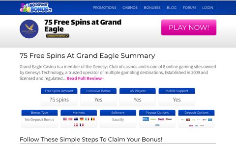 Grand Eagle Casino: (Win 75 Free Spins!) - No Deposit Bonus