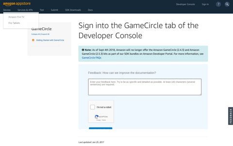 Sign into the GameCircle tab of the Developer Console ...