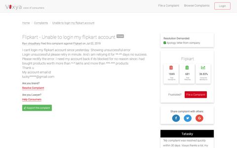 Flipkart - Unable to login my flipkart account - Voxya