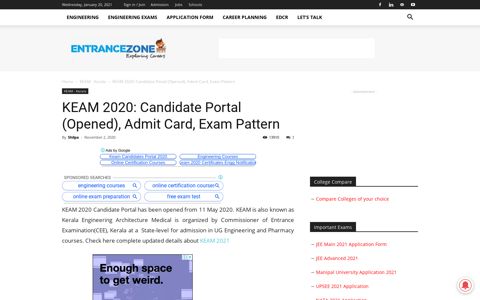 KEAM 2020: Candidate Portal (Opened), Admit Card, Exam ...