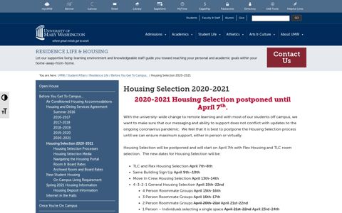 Housing Selection 2020-2021 - University of Mary Washington