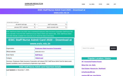 ESIC Staff Nurse Admit Card 2020 – Download at www.esic.nic.in ...