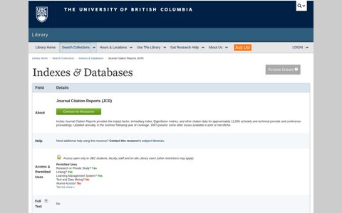 Journal Citation Reports (JCR) - Indexes & Databases | UBC ...