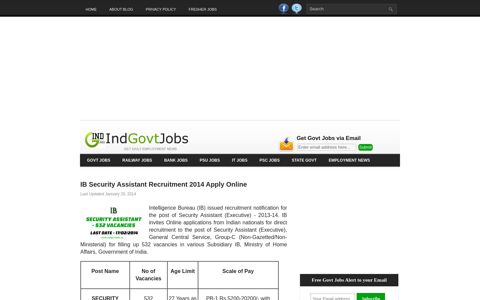 IB Security Assistant Recruitment 2014 Apply Online