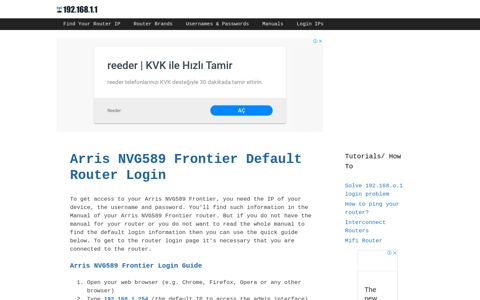 Arris NVG589 Frontier Default Router Login - 192.168.1.1