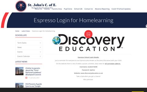 Espresso Login for Homelearning | St John's C of E Primary ...