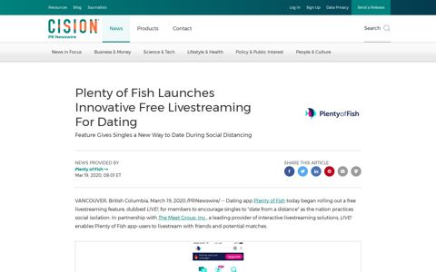 Plenty of Fish Launches Innovative Free Livestreaming For ...
