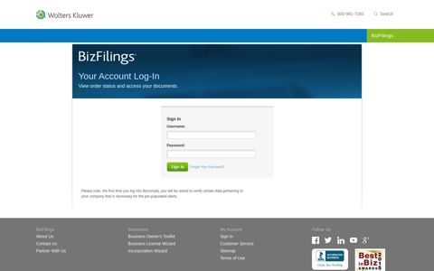 Account Log-In | BizFilings - BizFilings