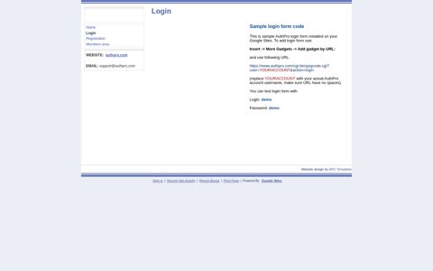 Sample login form code - Google Sites