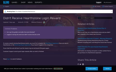 Didn't Receive Hearthstone Login Reward - Blizzard Support