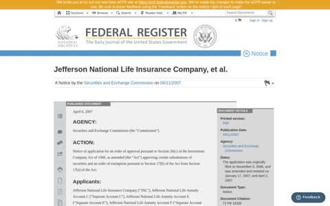Jefferson National Life Insurance Company ... - Federal Register