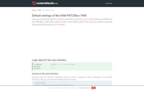 Default settings of the AVM FRITZ!Box 7490