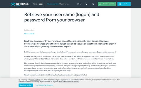 Retrieve your username (logon) and ... - Keytrade Bank