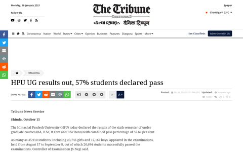 HPU UG results out, 57% students declared pass