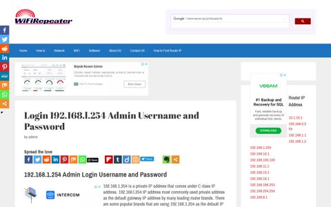 Login 192.168.l.254 Admin Username and Password