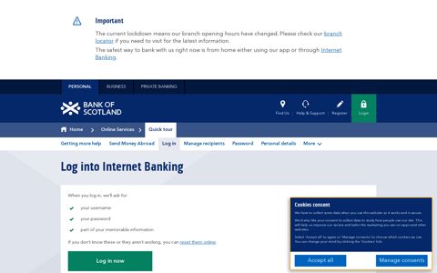Log in / Log out | Quick Tour | About Online - Bank of Scotland