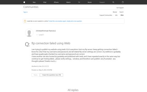 ftp connection failed using iWeb - Apple Community