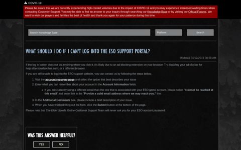 What should I do if I can't log into the ESO support portal?