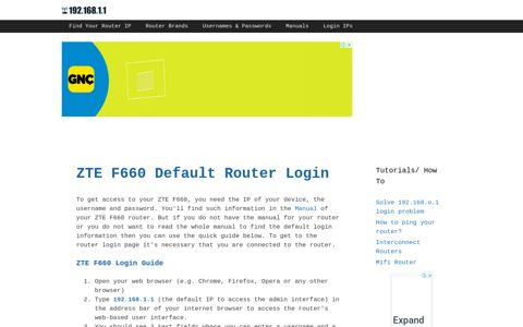 ZTE F660 - Default login IP, default username & password