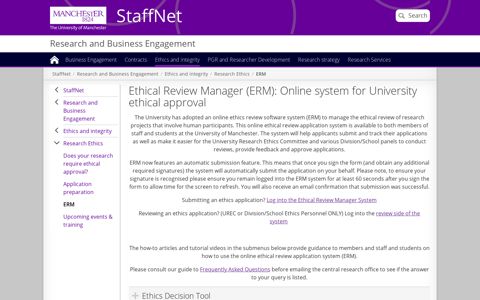 NEW Online System for Ethics Review (ERM) | StaffNet | The ...