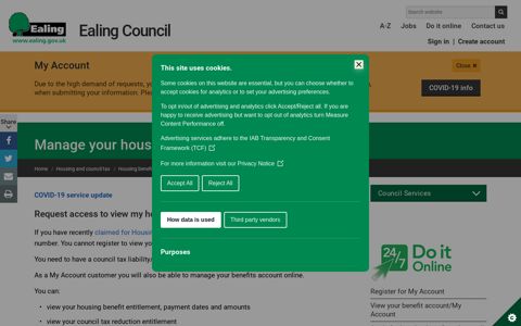 Manage your housing benefits account | Ealing Council