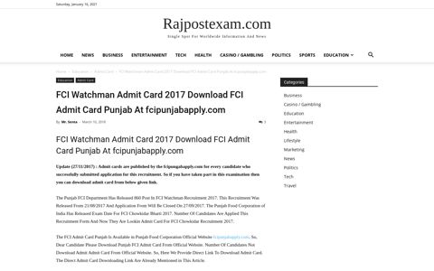 FCI Watchman Admit Card 2017 at www.fcipunjabapply.com