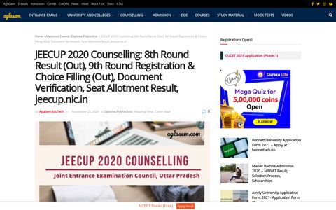 JEECUP 2020 Counselling: 8th Round Result (Out), 9th ...