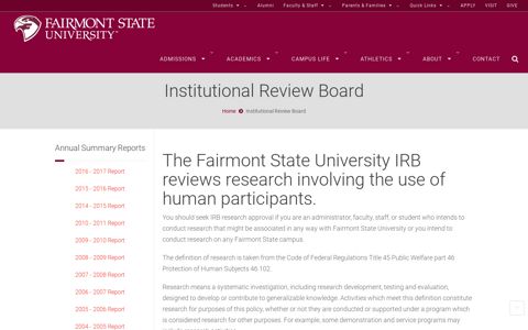 Institutional Review Board | Fairmont State University