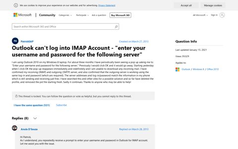 Outlook can't log into IMAP Account - "enter your username ...