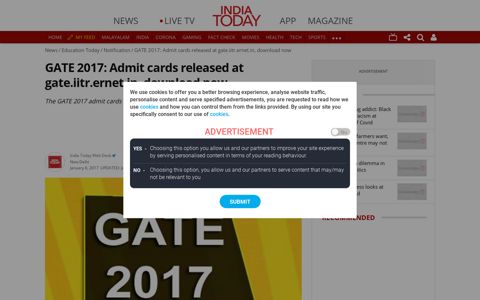 GATE 2017: Admit cards released at gate.iitr.ernet.in ...