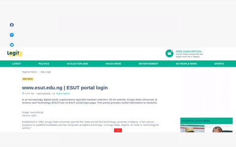 www.esut.edu.ng | ESUT portal login ▷ Legit.ng