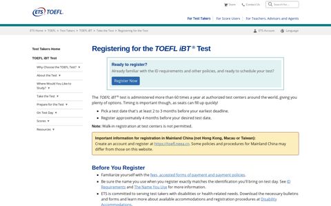 Registering for the TOEFL iBT Test (For Test Takers) - ETS