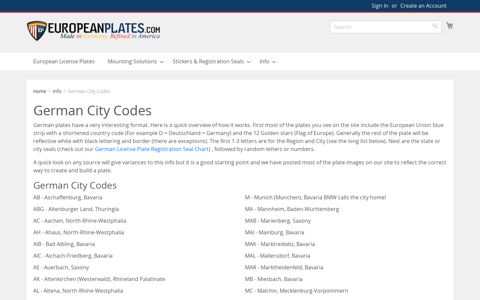 German City Codes - Info | EuropeanPlates.com