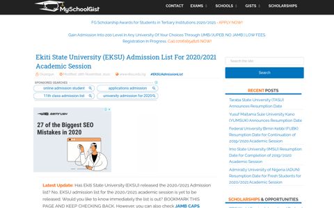 EKSU Admission List For 2020/2021 Academic Session ...