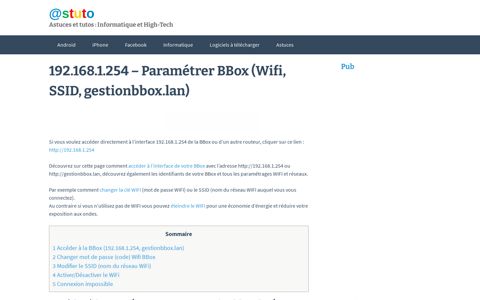 192.168.1.254 - Paramétrer BBox (Wifi, SSID, gestionbbox.lan)