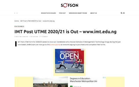 IMT Post UTME 2020/21 is Out - www.imt.edu.ng | SOFSON